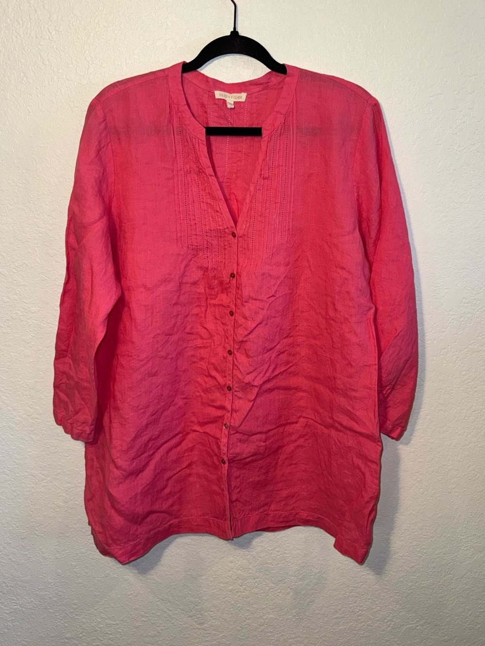 Eileen Fisher Pink Irish Linen 3/4 Sleeve Button Down Casual Resort Wear Top L